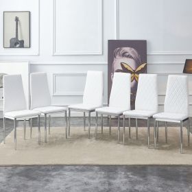 Grid armless high backrest dining chair, 6-piece set of white chairs and plated silver legs, office chair. Suitable for restaurants, living rooms