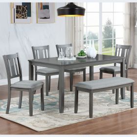 6 Piece Kitchen Dining Set, Rectangular Wooden Dining Table with 4 Upholstered Chairs and a Bench, Dining Table Set for 6 People, Living Room