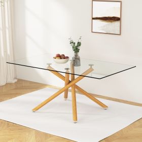 Large Modern Minimalist Rectangular Glass Dining Table for 6-8 with 0.39" Tempered Glass Tabletop and Wood color Metal Legs