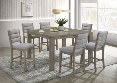 7pc Dining Set Contemporary Farmhouse Style Counter Height 18" Expandable Leaf Table Gray Finish Upholstered Chairs Wooden Solid Wood Dining Room