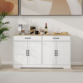 55.91" Large Farmhouse Buffet Cabinet Storage Sideboard with 2 Drawers and 4 Doors for Dining Living Room Kitchen Cupboard-White