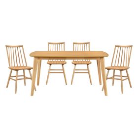 Natural Oak Finish Casual Dining 5pc Set Table and 4 Side Chairs Curved Backrest Windsor Wooden Dining Kitchen Furniture