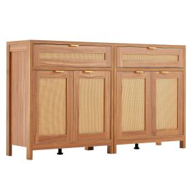 Rattan Cabinet with 4 Doors 2 Drawers Adjustable Shelves Set of 2 Natural