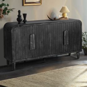 59'' Farmhouse Curved Vintage Storage Sideboard with Large Wooden Handles, Vertical Wood Grain Carving and Adjustable Shelves for Kitchen