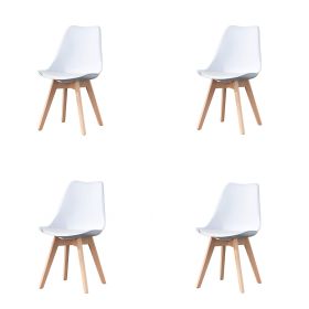 Mid Century Modern Dining Chairs, with Wood Legs, Armless Kitchen Chairs, Shell Lounge Plastic Side Chair with Soft Padded Kitchen, Dining Room (Color: White, quantity: 4)