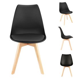 Mid Century Modern Dining Chairs, with Wood Legs, Armless Kitchen Chairs, Shell Lounge Plastic Side Chair with Soft Padded Kitchen, Dining Room (Color: Black-hw, quantity: 4)