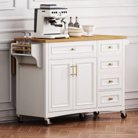 52" Kitchen Island with Drop Leaf, Embossed Texture Kitchen Island on Wheels with Spice Rack, Towel Rack, 2 Doors and 5 Drawers (Material: MDF, Color: White)