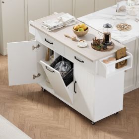 Kitchen Island with Trash Can Storage Cabinet, Kitchen Cart with Drop Leaf, Spice Rack, Towel Rack and Drawer (Material: Particle Board, Color: Ameican White Oak)